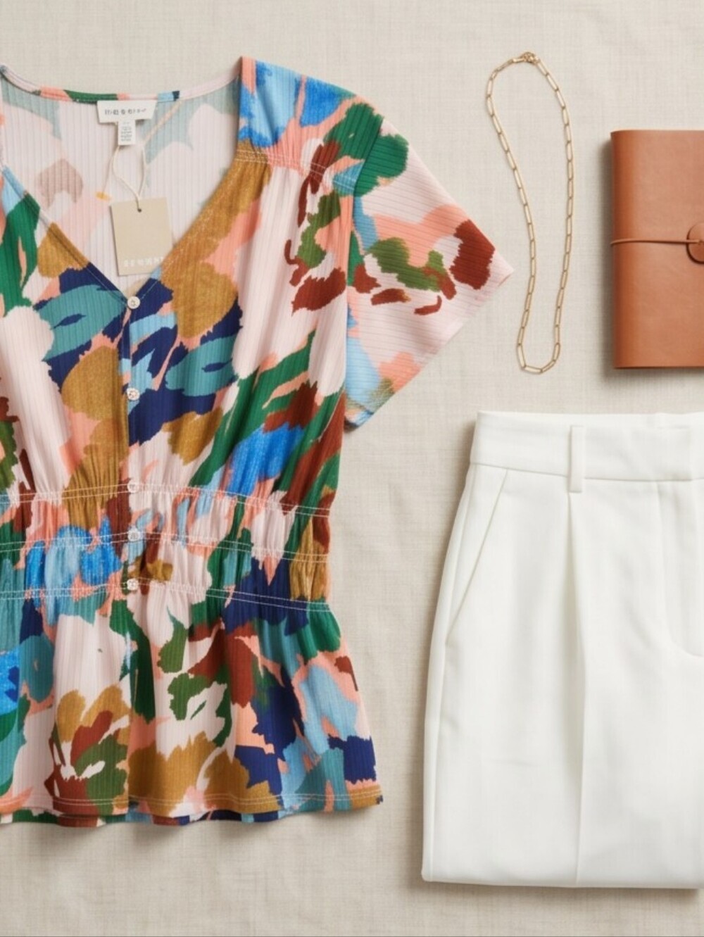 Abstract Floral V-Neck Peplum Blouse in Multicolor - Women